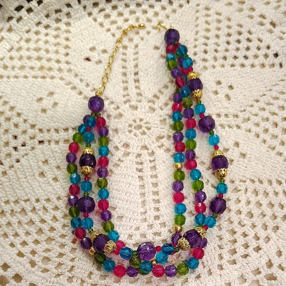 None Jewelry - Triple Strand Beaded Necklace Hook Clasp Blue Pink Purple 18"